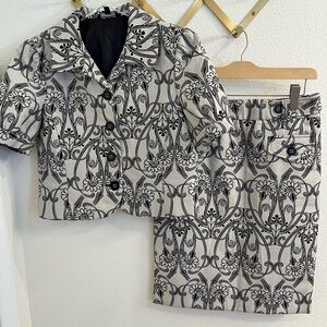 S&D 2 PC Floral Suit Set Pencil Skirt Short Sleeve Blazer Black Ivory 6